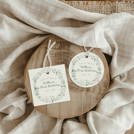 Whimsical Woodland Toile Birthday Favor Tags Editable | Sage Green Forest First Birthday Gift Tag Thank You Tag Template | Floral Girl Elegant Birthday Template | EverythingByElleCo