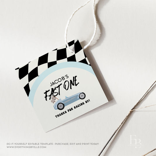 Fast ONE Race Car First Birthday Favor Tag | Blue Checkered Race Car 1st Birthday Printable Thank You Tag | Editable Retro First Birthday for Boys | Instant Download Party Decor Printables