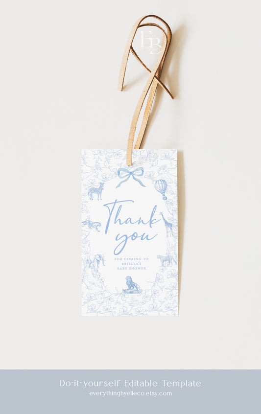 Safari Toile Baby Shower Favor Tag Editable | French Inspired Blue Boy Baby Shower Printable Thank You Tags Template | EverythingByElleCo