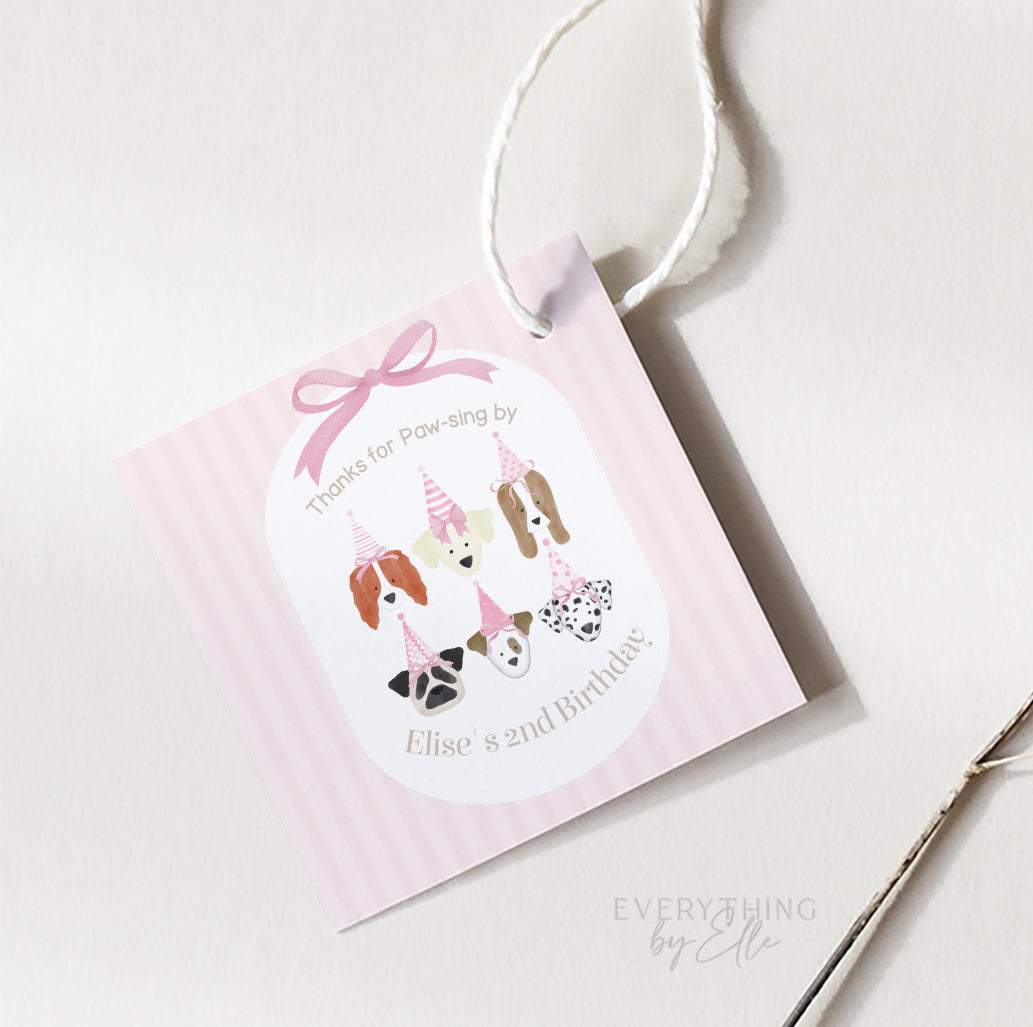 Let's Pawty Pink Puppy Birthday Favor Tag Editable | Girly Puppies Dog Birthday Thank You Printable Party Template | EverythingByElleCo