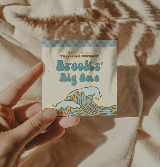 The Big One Surf Birthday Favor Tag Editable | Vintage Surf Boy 1st Birthday Party Printable Thank You Tag Template | EverythingByElleCo