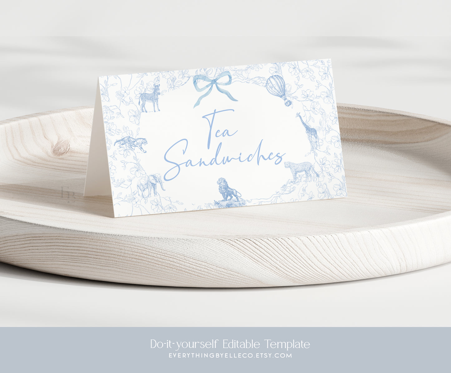 Safari Toile Baby Shower Food Tent Cards Editable | French Inspired Blue Boy Baby Shower Printable Food Labels Template | EverythingByElleCo