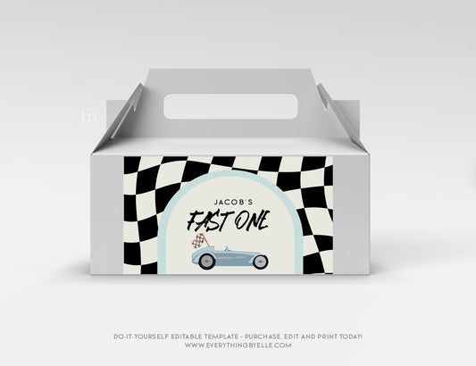 Fast ONE Race Car First Birthday Gable Box Labels | Blue Checkered Race Car 1st Birthday Printable Favor Boxes | Editable Retro First Birthday for Boys | Instant Download Party Decor Printables