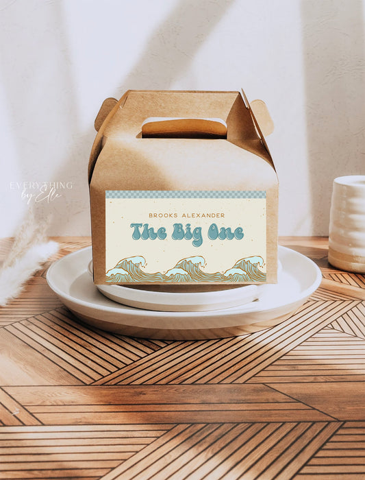 The Big One Surf Birthday Gable Box Label Editable | Vintage Surf Boy 1st Birthday Party Printable Favor Box Sticker Template | EverythingByElleCo