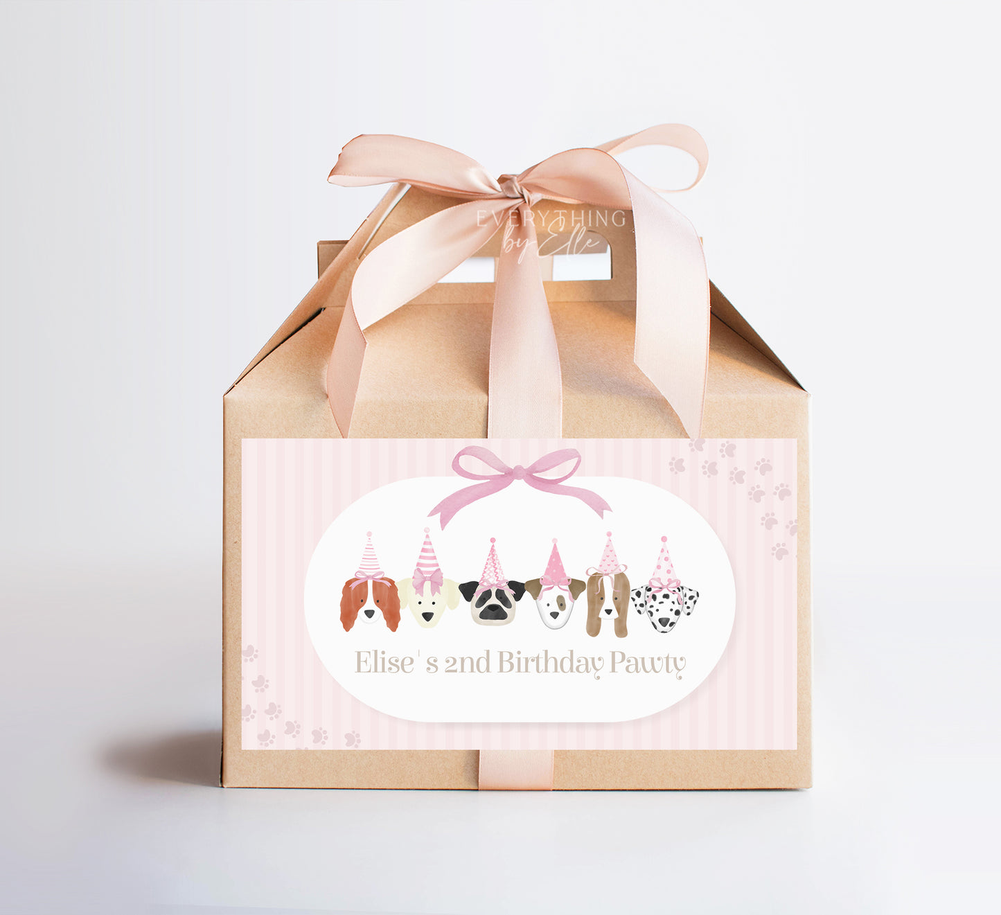 Let's Pawty Pink Puppy Birthday Gable Box Label Editable | Girly Puppies Dog Birthday Printable Favor Box Sticker Template | EverythingByElleCo