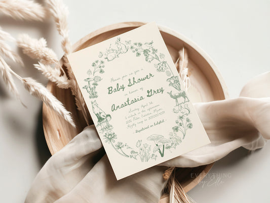 Whimsical Woodland Toile Baby Shower Invitation Editable | Sage Green Forest Animals Baby Sprinkle Invite Template | Floral Girl Elegant Baby Shower Template | EverythingByElleCo