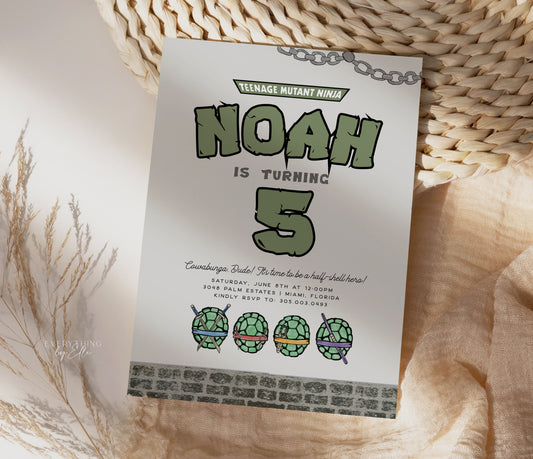 Turtles Birthday Photo Invitation Editable | Modern Mutant Ninja Birthday Party Invite Template | EverythingByElleCo