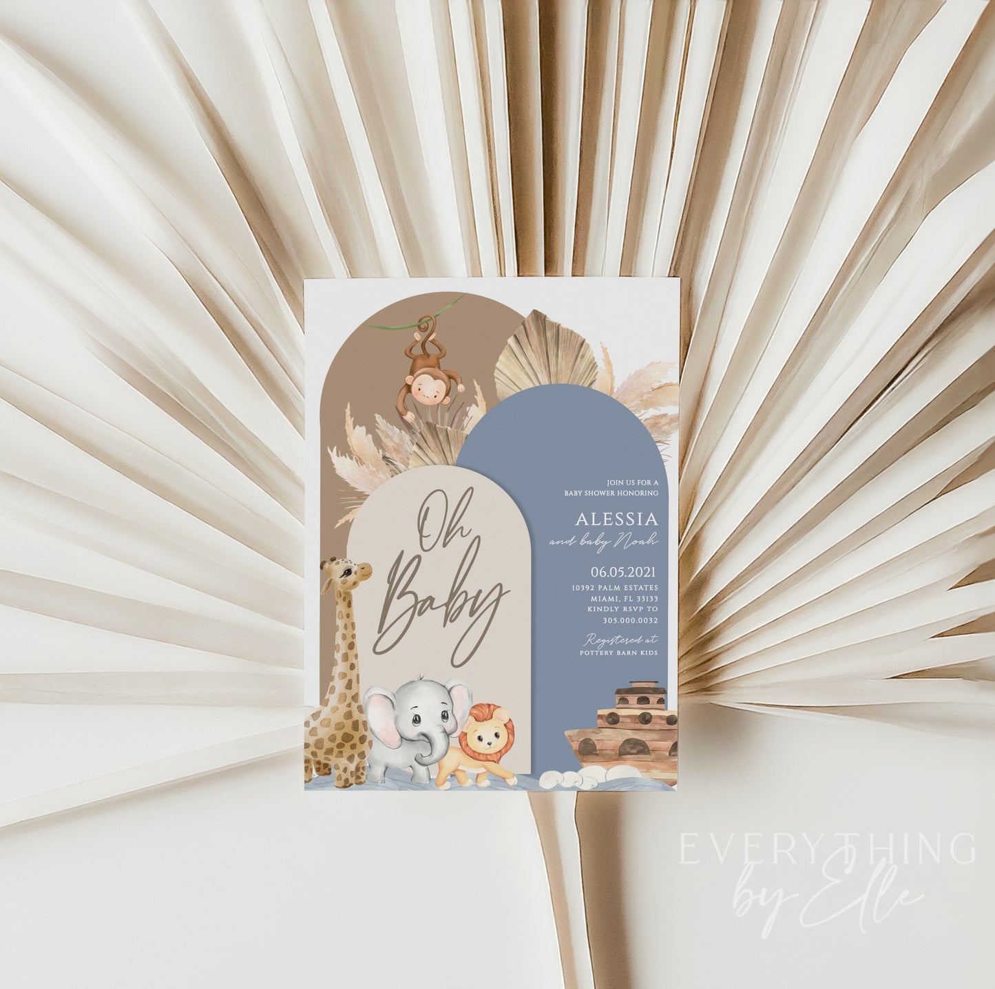 Noah's Ark Baby Shower Invitation Editable | Safari Animals Biblical Blue Boy Baby Shower Invite Template | EverythingByElleCo