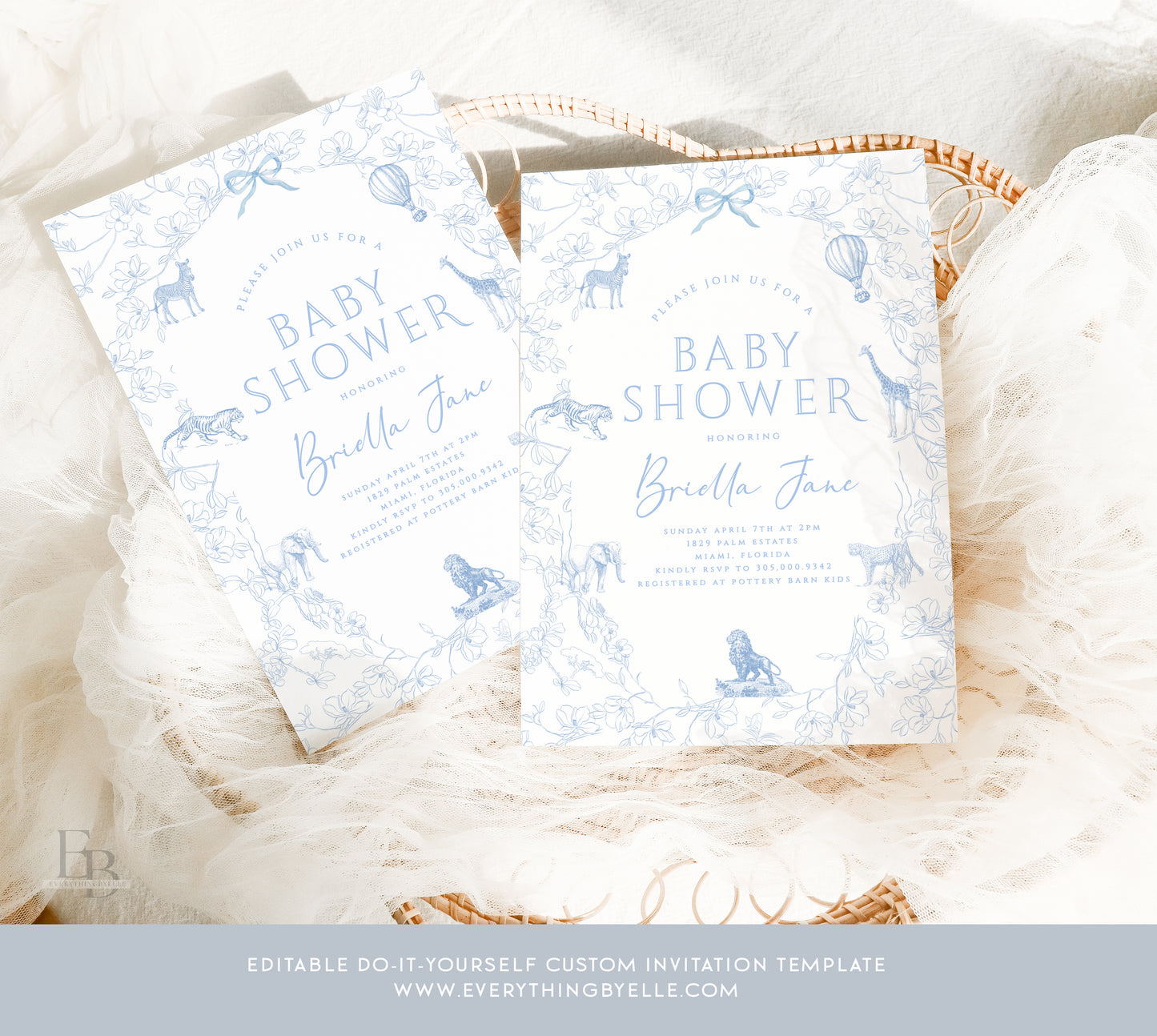 Safari Toile Baby Shower Invitation Editable | French Inspired Blue Boy Baby Shower Invite Template | EverythingByElleCo