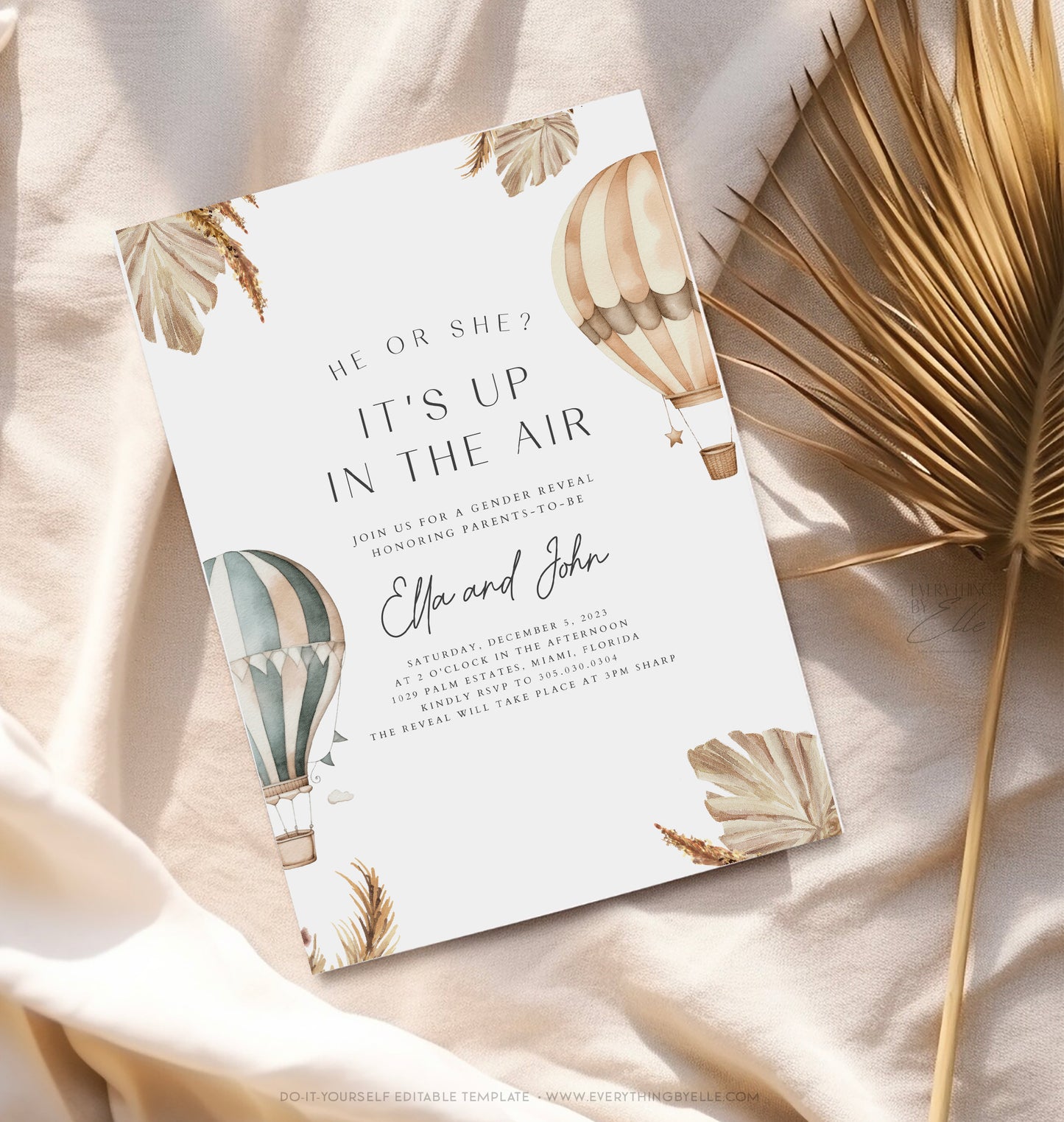 Hot Air Balloon Gender Reveal Party Invitation | Editable Boho Gender Reveal Up in the Air | Instant Download Party Decor Printables