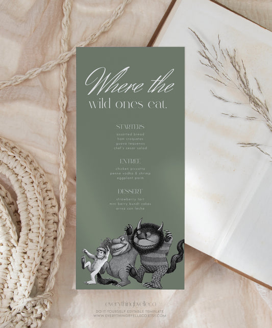 Where the Wild Things Are Menu Editable | Modern Green Where the Wild Things Are Baby Shower Table Menu Template | EverythingByElleCo