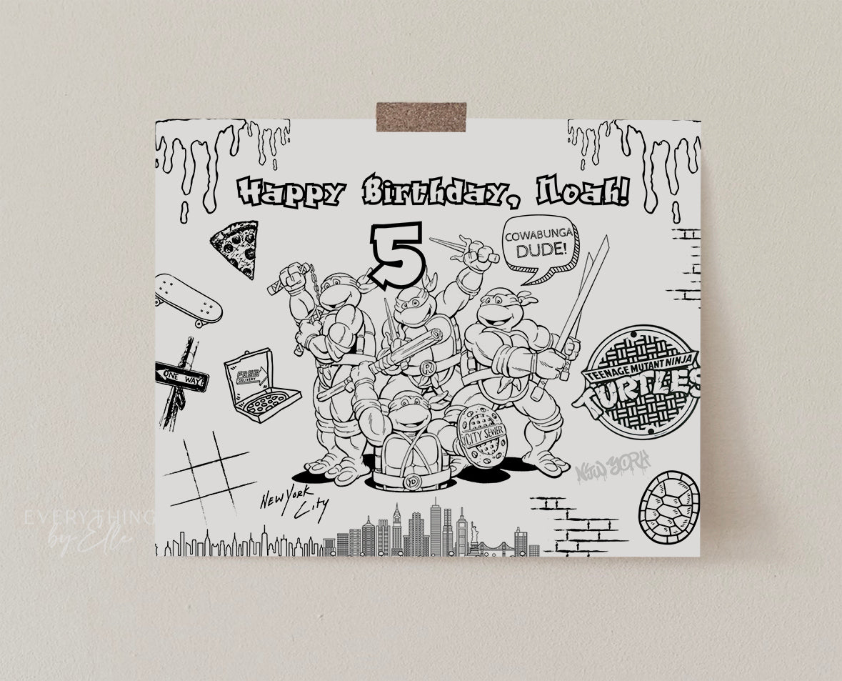 Turtles Birthday Coloring Page Editable | Modern Mutant Ninja Birthday Party Printable Coloring Template | EverythingByElleCo