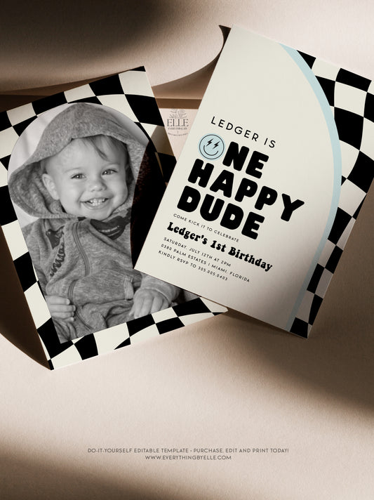 One Happy Dude Birthday Invitation | Smiley Face 1st Birthday Invitation | Editable Retro First Birthday Invite for Boys | Blue Checkered Party Decor Printables