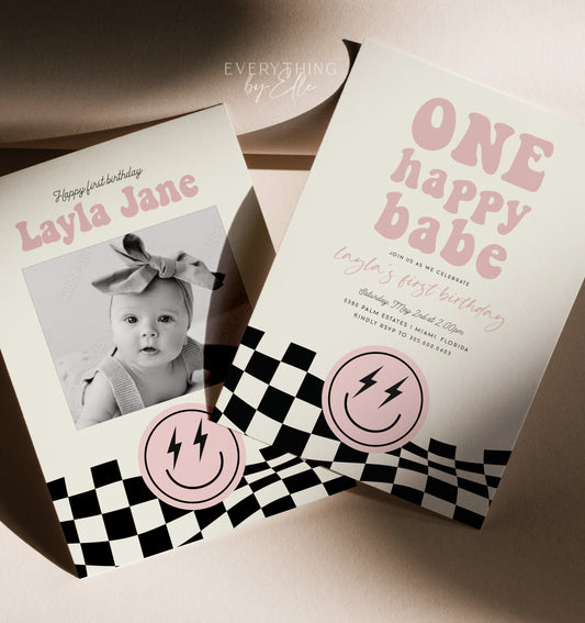 ONE Happy Babe Invitation Editable | Retro Pink Girl Smiley 1st Birthday Party Invite Template | EverythingByElleCo