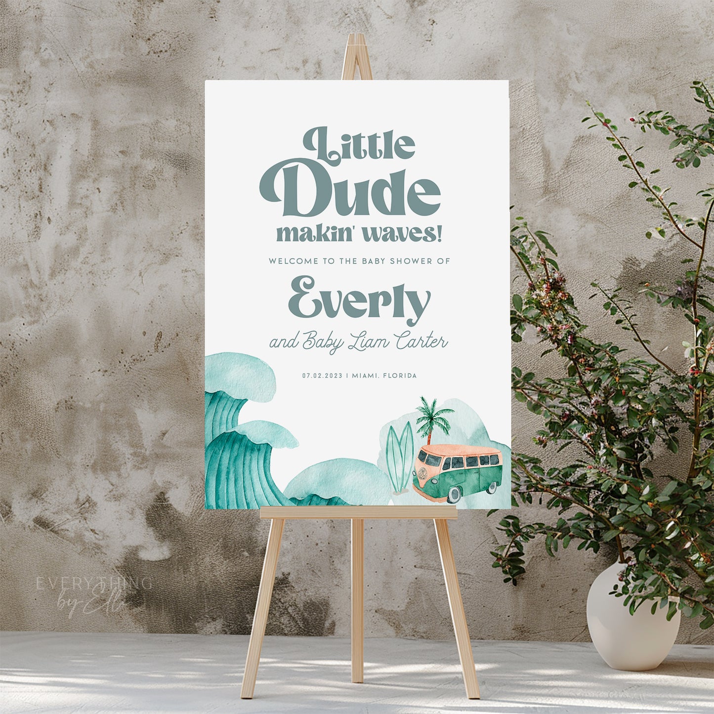 Surf Little Dude Makin' Waves Baby Shower Sign Editable | Retro Surf Baby Shower Welcome Sign Template Blue | Vintage Beach Van Printable | EverythingByElleCo