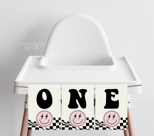 ONE Happy Babe Pennant Banner Editable | Retro Pink Girl Smiley 1st Birthday Party High Chair Banner Template | EverythingByElleCo