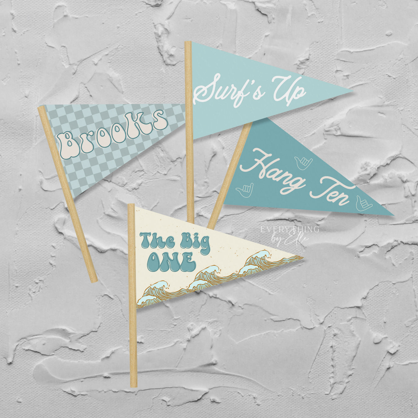 The Big One Surf Birthday Pennant Flags Editable | Vintage Surf Boy 1st Birthday Party Centerpieces Template | EverythingByElleCo