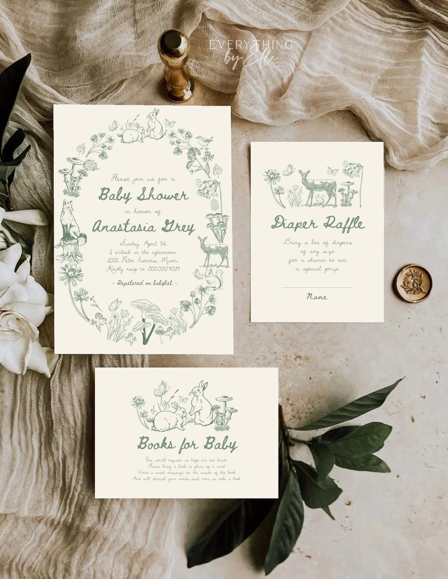 Whimsical Woodland Toile Baby Shower Invitation Suite Editable | Sage Green Forest Animals Baby Sprinkle Invite Bundle Template | Floral Girl Elegant Baby Shower Template | EverythingByElleCo