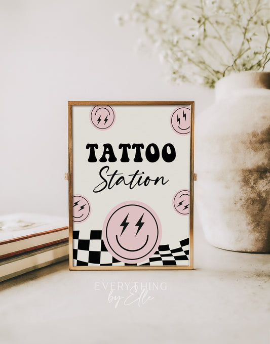 ONE Happy Babe Tattoo Sign Editable | Retro Pink Girl Smiley 1st Birthday Printable Table Favors Sign Template | EverythingByElleCo