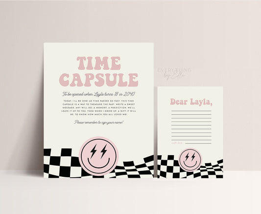 ONE Happy Babe Time Capsule Sign and Card Editable | Retro Pink Girl Smiley 1st Birthday Printable Template | EverythingByElleCo