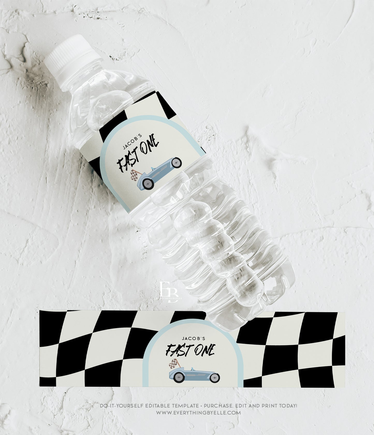 Fast ONE Race Car First Birthday Water Bottle Label | Blue Checkered Race Car 1st Birthday Printable Favors | Editable Retro First Birthday for Boys | Instant Download Party Decor Printables