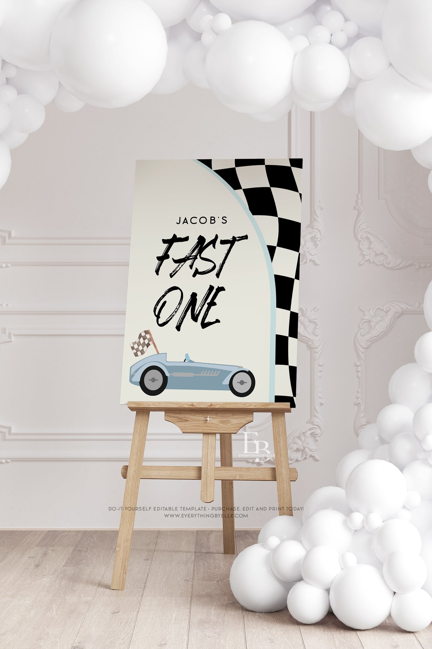 Fast ONE Race Car First Birthday Welcome Sign | Blue Checkered Race Car 1st Birthday Printable Sign | Editable Retro First Birthday for Boys | Instant Download Party Decor Printables