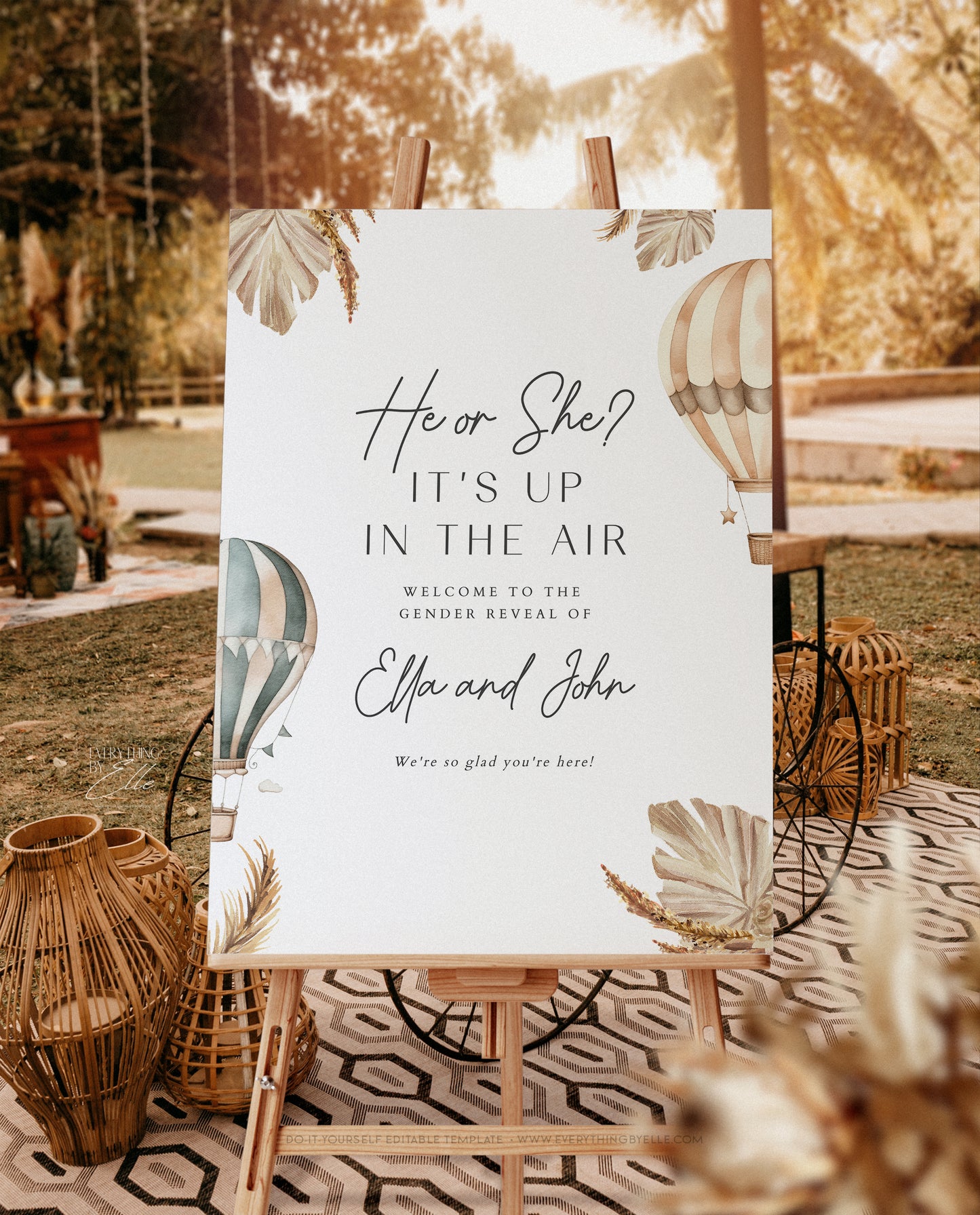 Hot Air Balloon Gender Reveal Party Welcome Sign | Editable Boho Gender Reveal Up in the Air Printable Sign | Instant Download Party Decor Printables