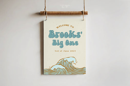 The Big One Surf Birthday Welcome Sign Editable | Vintage Surf Boy 1st Birthday Party Welcome Poster Template | EverythingByElleCo