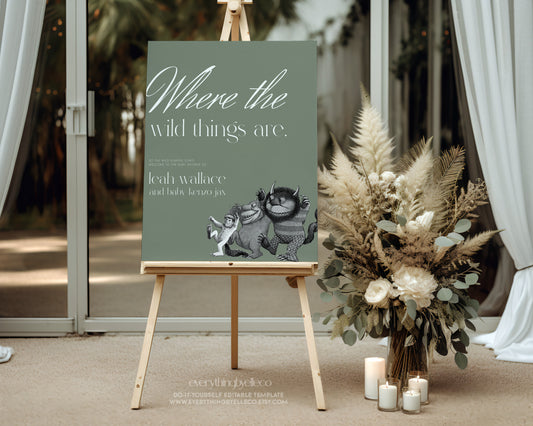 Where the Wild Things Are Welcome Sign Editable | Modern Green Where the Wild Things Are Baby Shower Large Sign Template | EverythingByElleCo