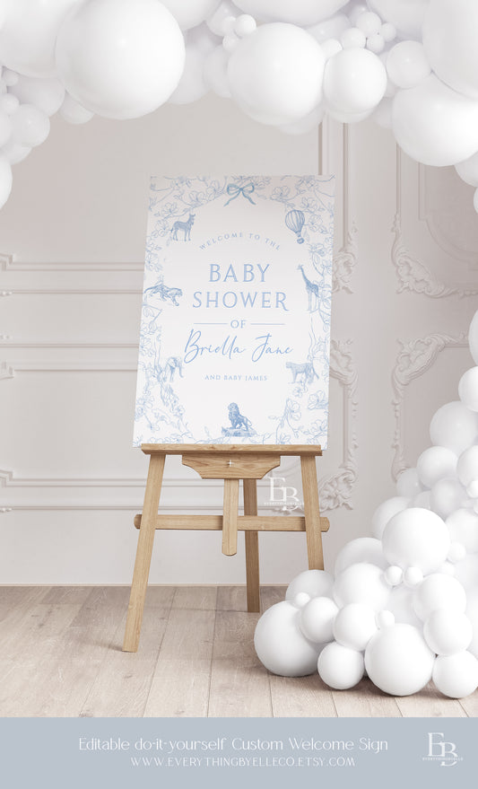 Safari Toile Baby Shower Welcome Sign Editable | French Inspired Blue Boy Baby Shower Printable Template | EverythingByElleCo