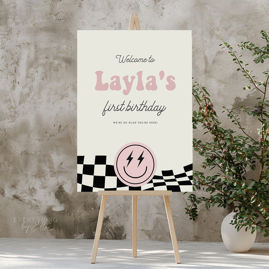 ONE Happy Babe Welcome Sign Editable | Retro Pink Girl Smiley 1st Birthday Printable Sign Template | EverythingByElleCo