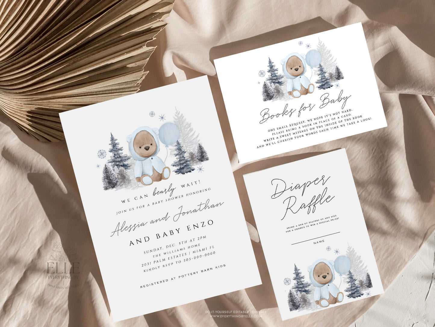 Winter Teddy Bear Baby Shower Invitation Suite, Cute Christmas Boy Baby Shower Invite Printable, Blue Bear Baby Shower Card